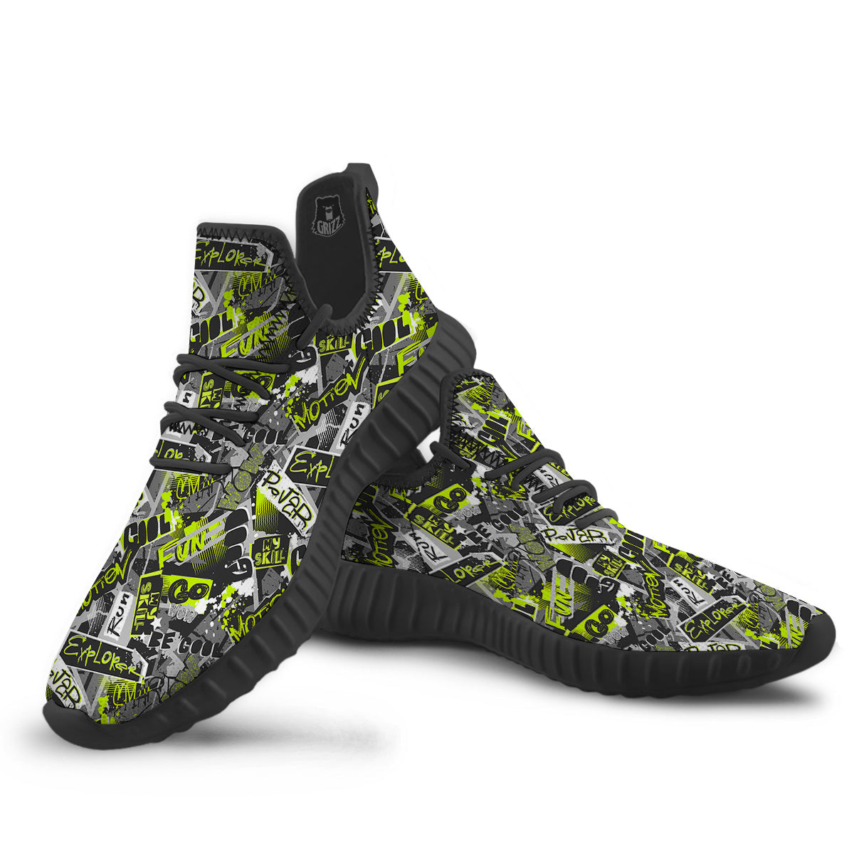 Abstract Grey And Neon Green Graffiti Print Pattern Black Walking Shoes-grizzshop