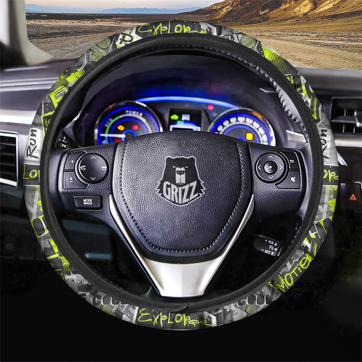 Abstract Grey And Neon Green Graffiti Print Pattern Car Steering Wheel Cover-grizzshop