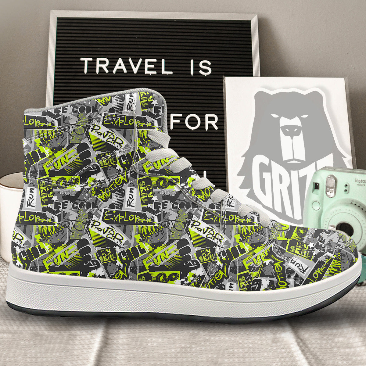 Abstract Grey And Neon Green Graffiti Print Pattern High Top Sneakers-grizzshop