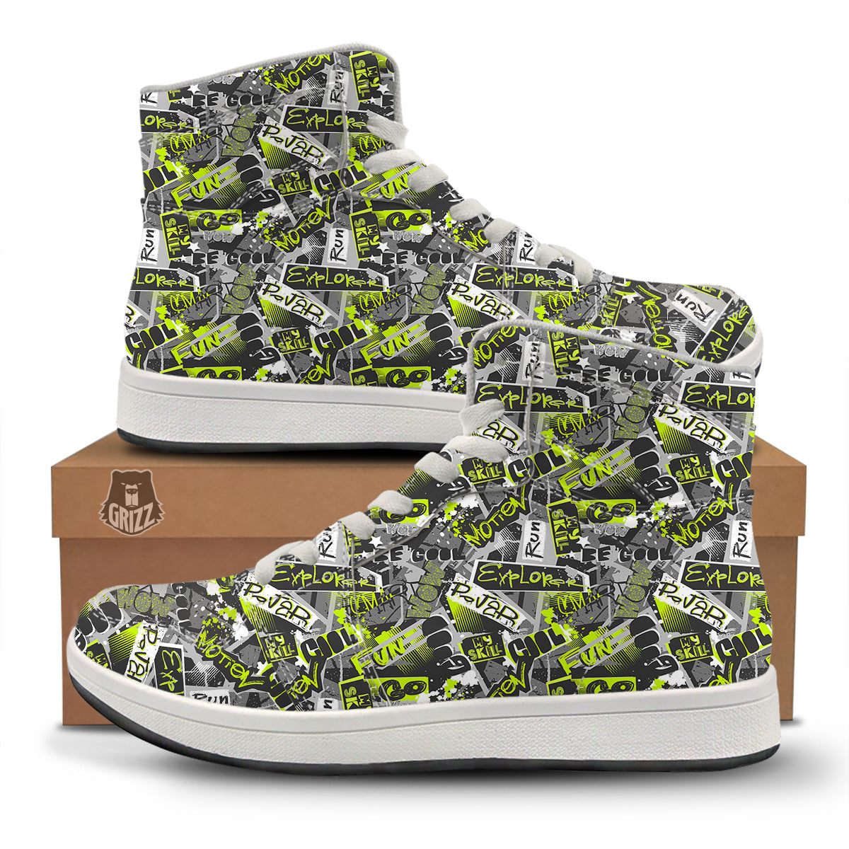 Abstract Grey And Neon Green Graffiti Print Pattern High Top Sneakers-grizzshop