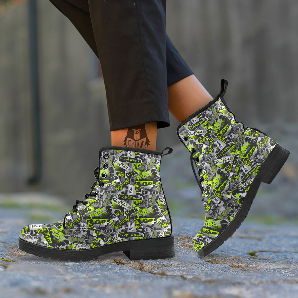 Abstract Grey And Neon Green Graffiti Print Pattern Leather Boots-grizzshop