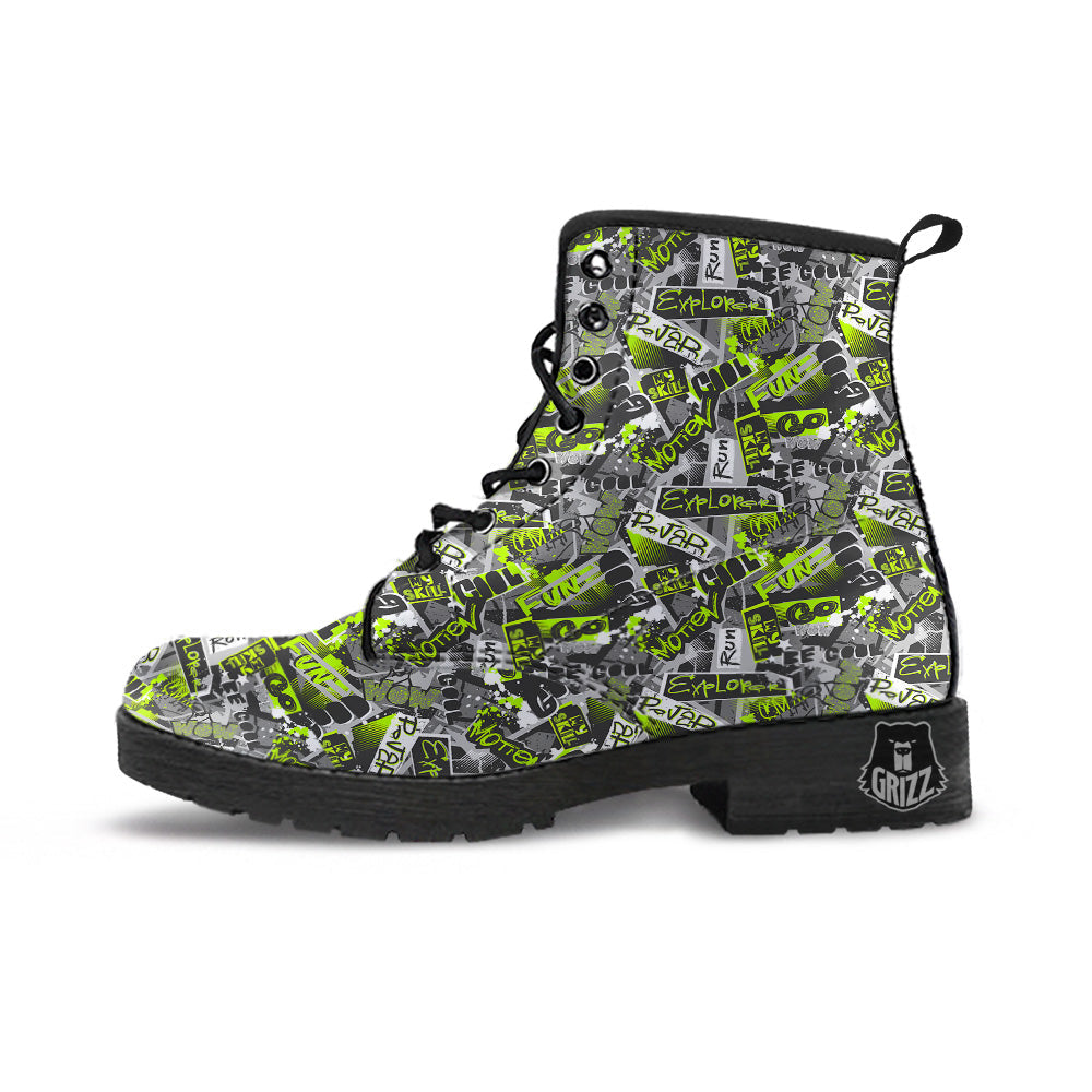 Abstract Grey And Neon Green Graffiti Print Pattern Leather Boots-grizzshop