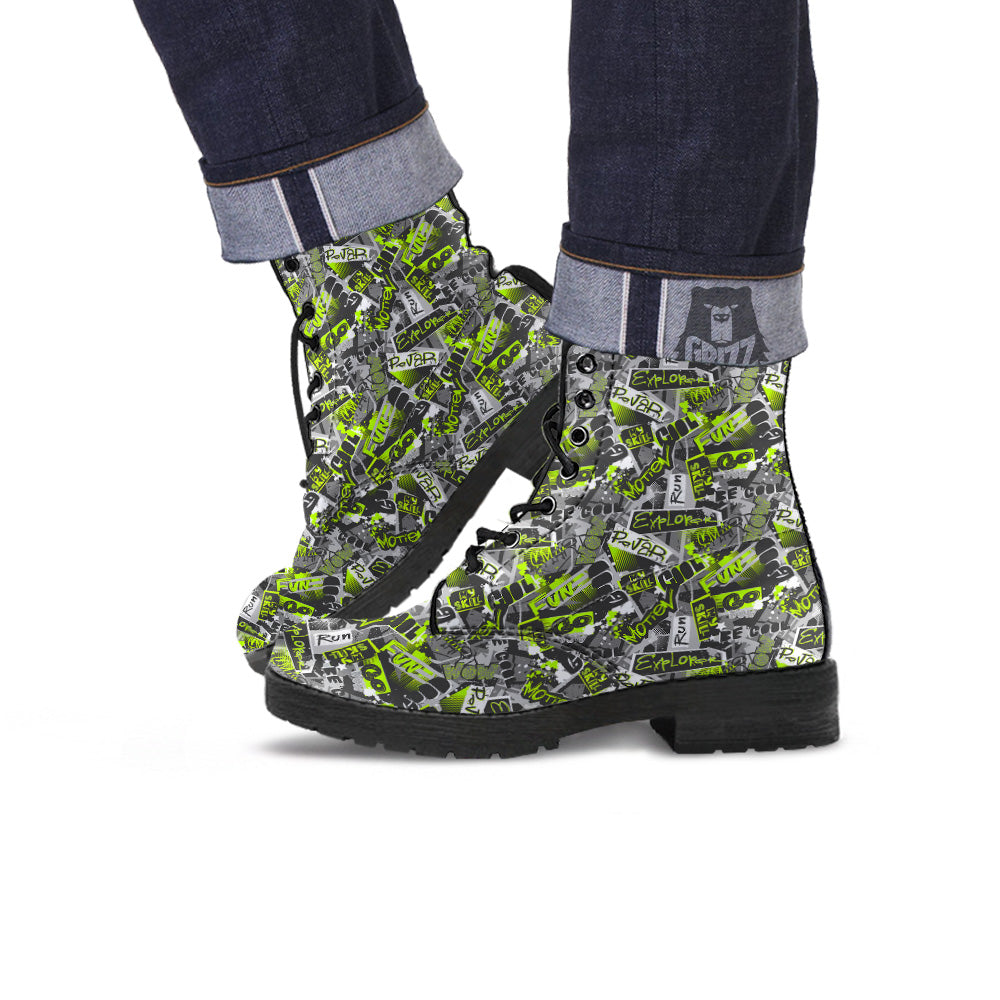 Abstract Grey And Neon Green Graffiti Print Pattern Leather Boots-grizzshop