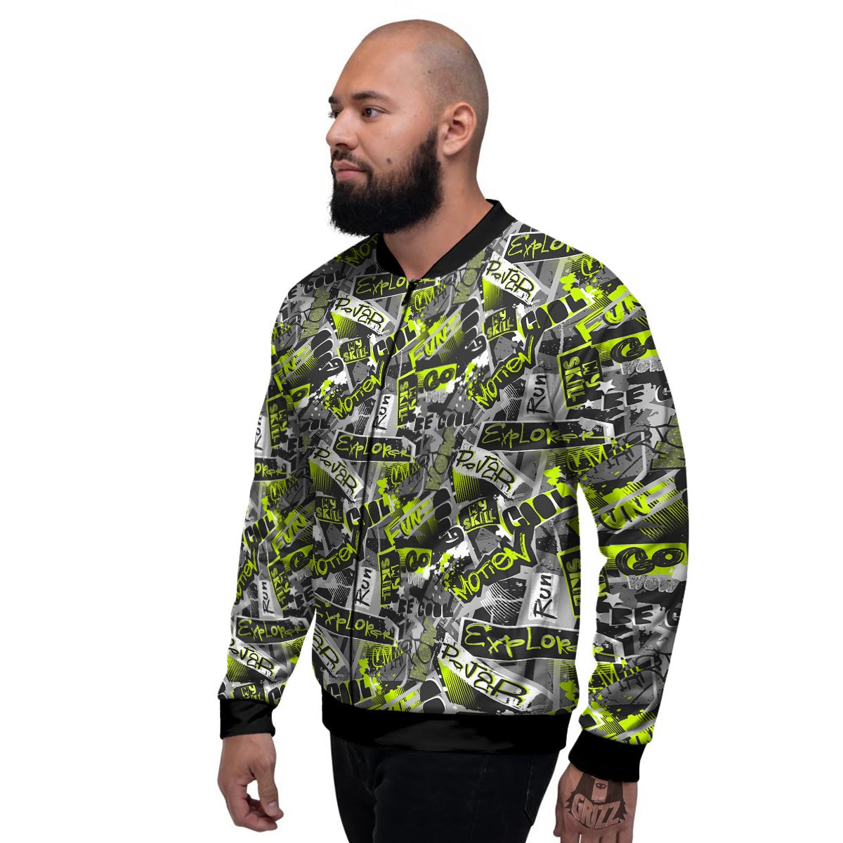 Abstract Grey And Neon Green Graffiti Print Pattern Men's Bomber Jacket-grizzshop