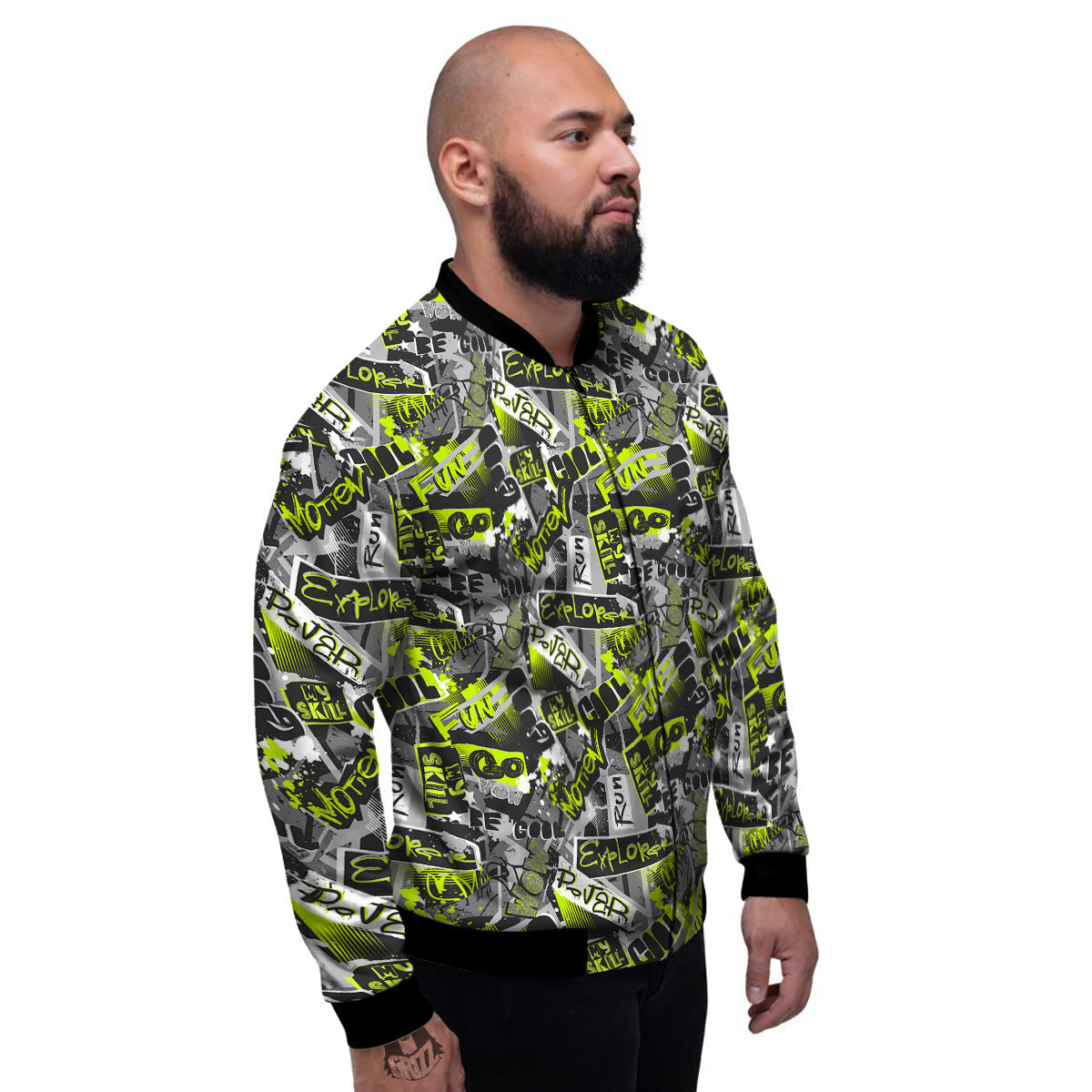 Abstract Grey And Neon Green Graffiti Print Pattern Men's Bomber Jacket-grizzshop
