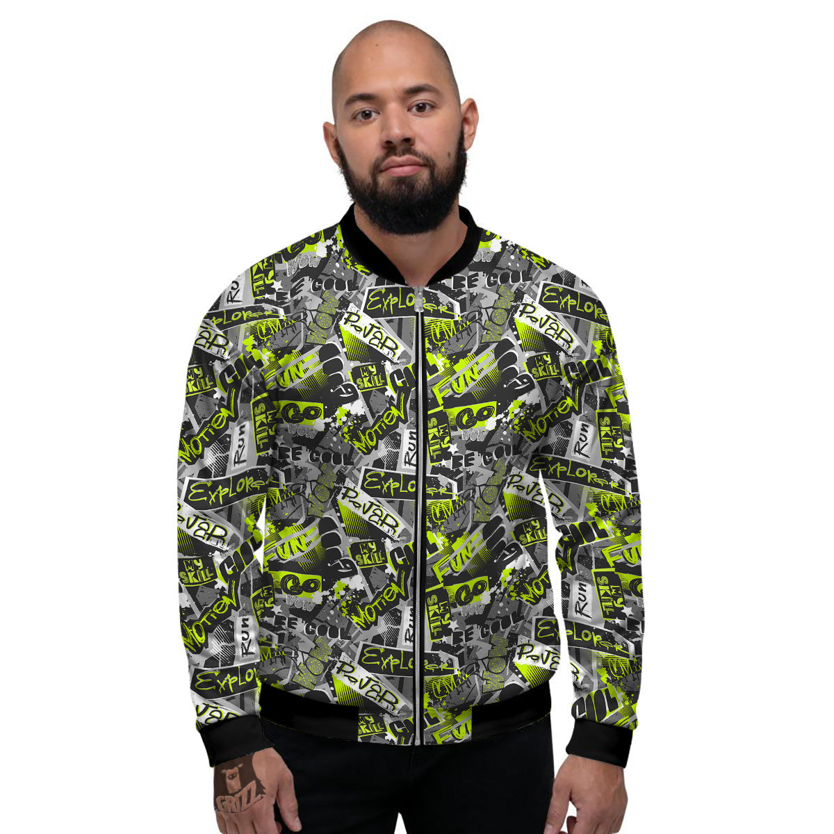 Abstract Grey And Neon Green Graffiti Print Pattern Men's Bomber Jacket-grizzshop