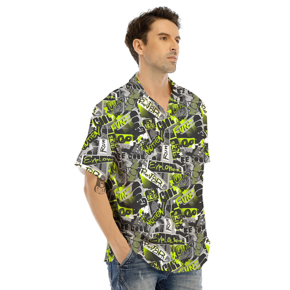 Abstract Grey And Neon Green Graffiti Print Pattern Men's Hawaiian Shirt-grizzshop