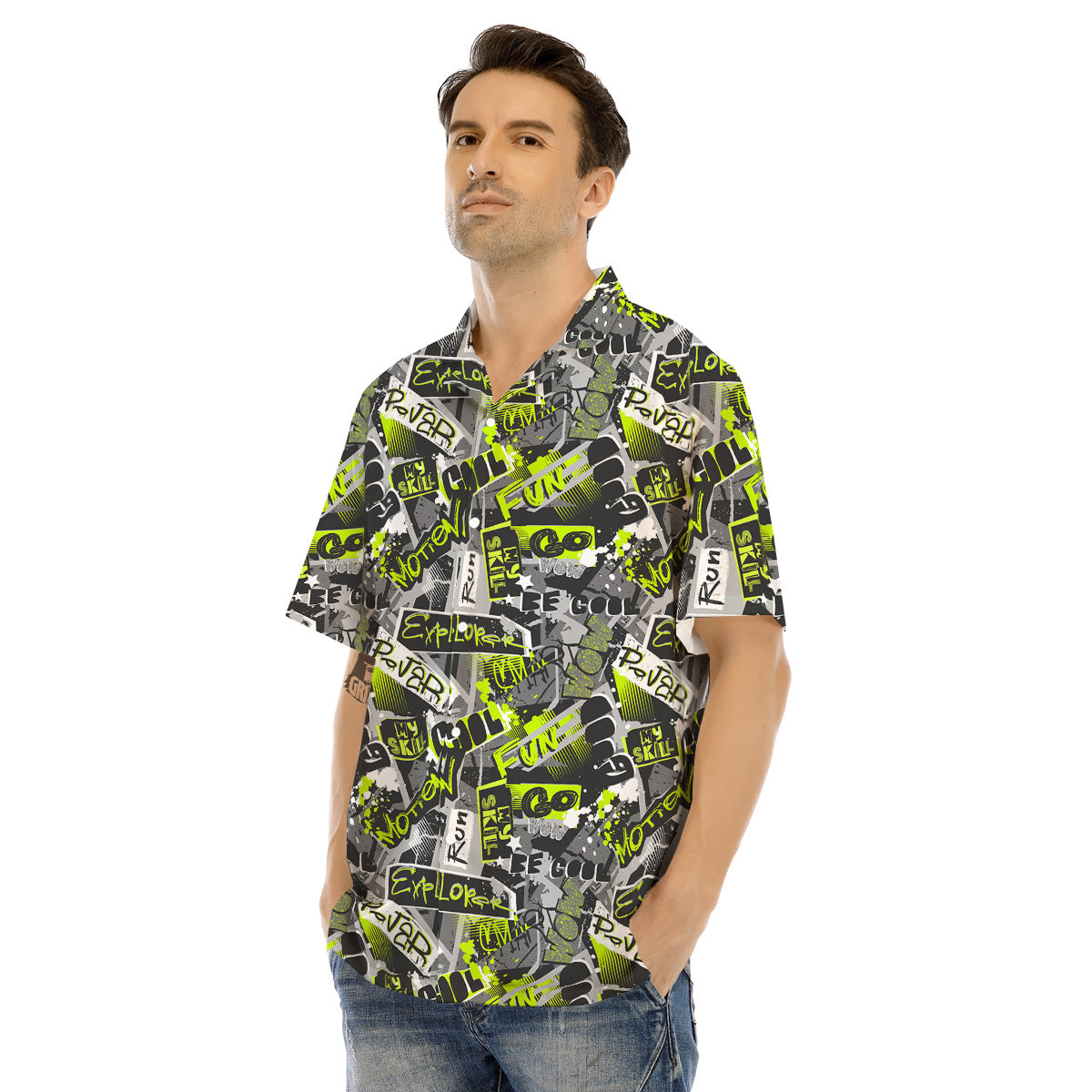 Abstract Grey And Neon Green Graffiti Print Pattern Men's Hawaiian Shirt-grizzshop