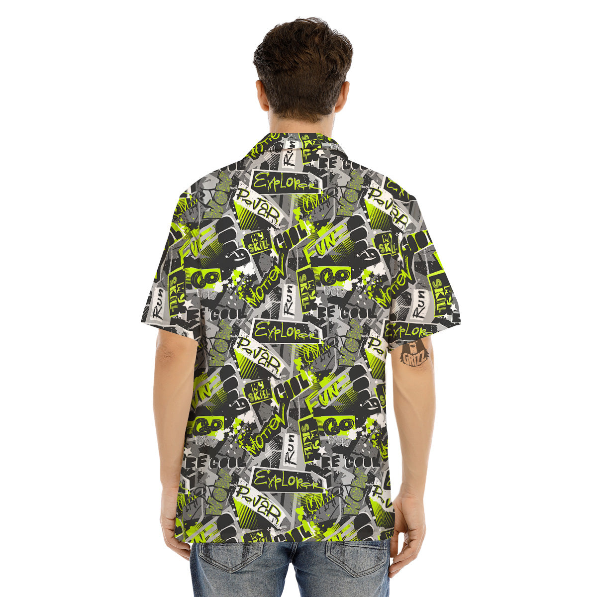 Abstract Grey And Neon Green Graffiti Print Pattern Men's Hawaiian Shirt-grizzshop