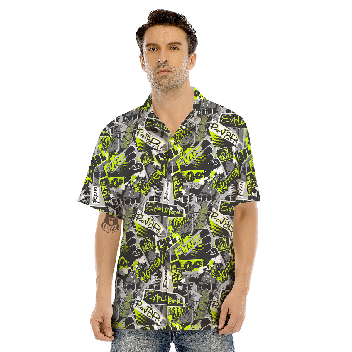 Abstract Grey And Neon Green Graffiti Print Pattern Men's Hawaiian Shirt-grizzshop