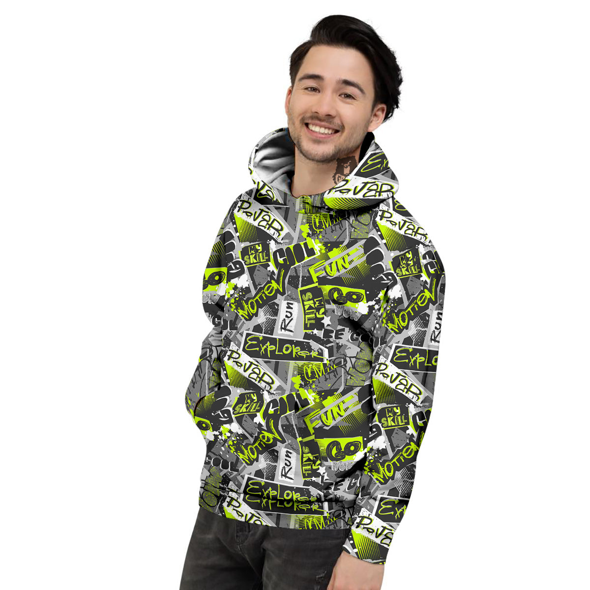Abstract Grey And Neon Green Graffiti Print Pattern Men's Hoodie-grizzshop