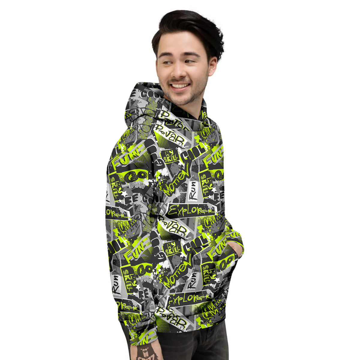 Abstract Grey And Neon Green Graffiti Print Pattern Men's Hoodie-grizzshop