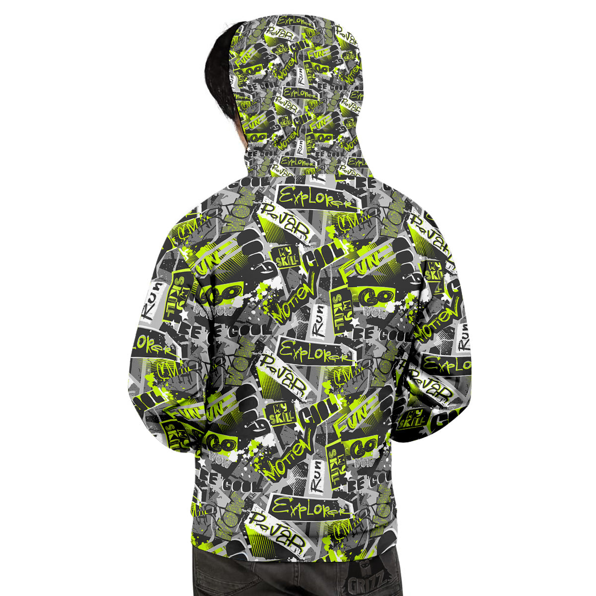 Abstract Grey And Neon Green Graffiti Print Pattern Men's Hoodie-grizzshop