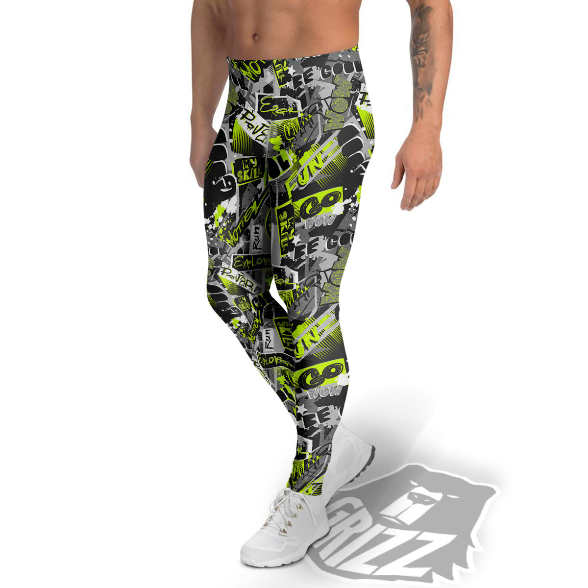 Abstract Grey And Neon Green Graffiti Print Pattern Men's Leggings-grizzshop