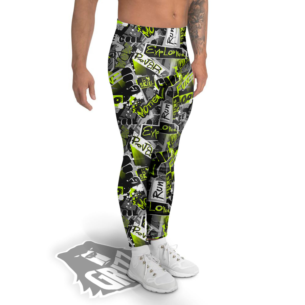 Abstract Grey And Neon Green Graffiti Print Pattern Men's Leggings-grizzshop