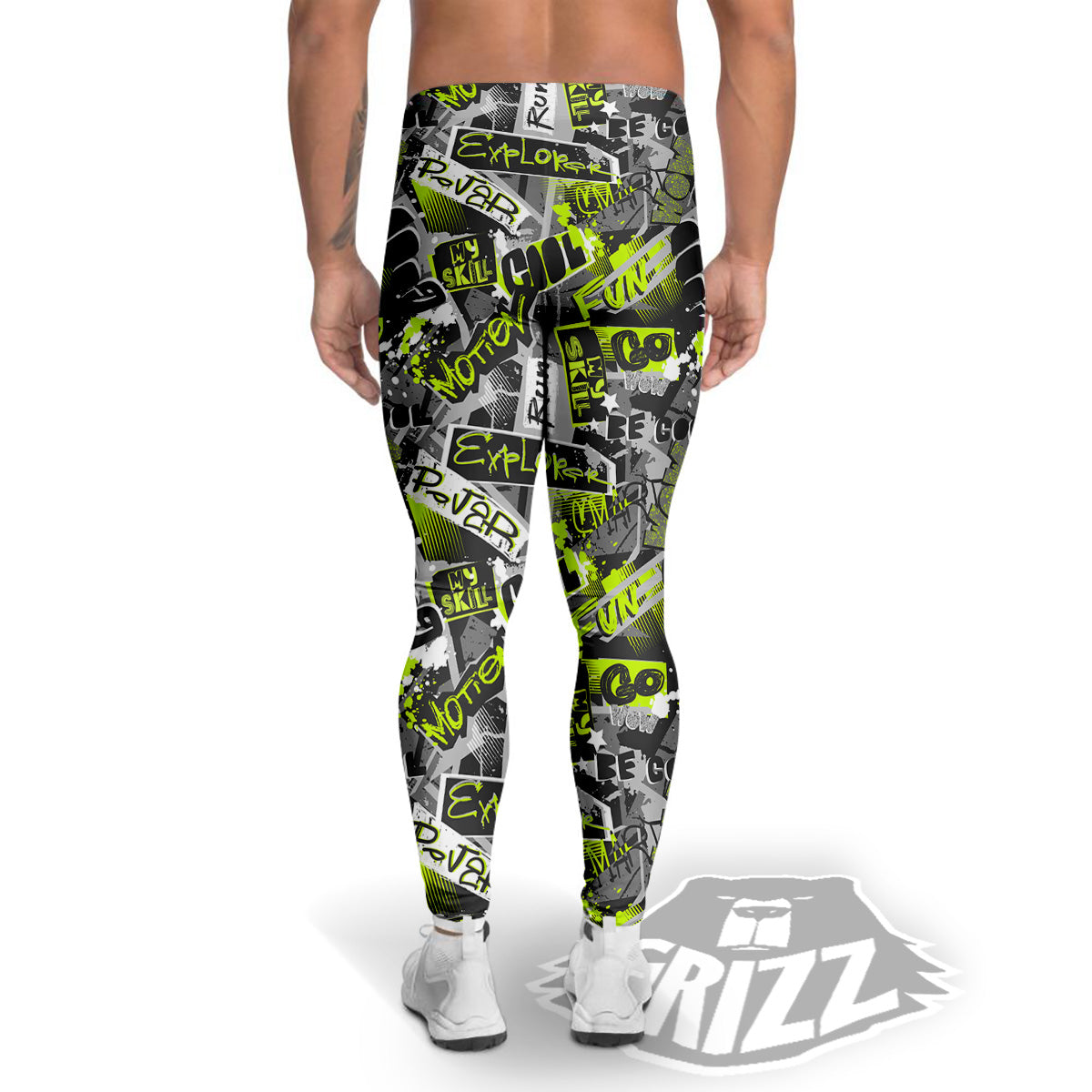 Abstract Grey And Neon Green Graffiti Print Pattern Men's Leggings-grizzshop