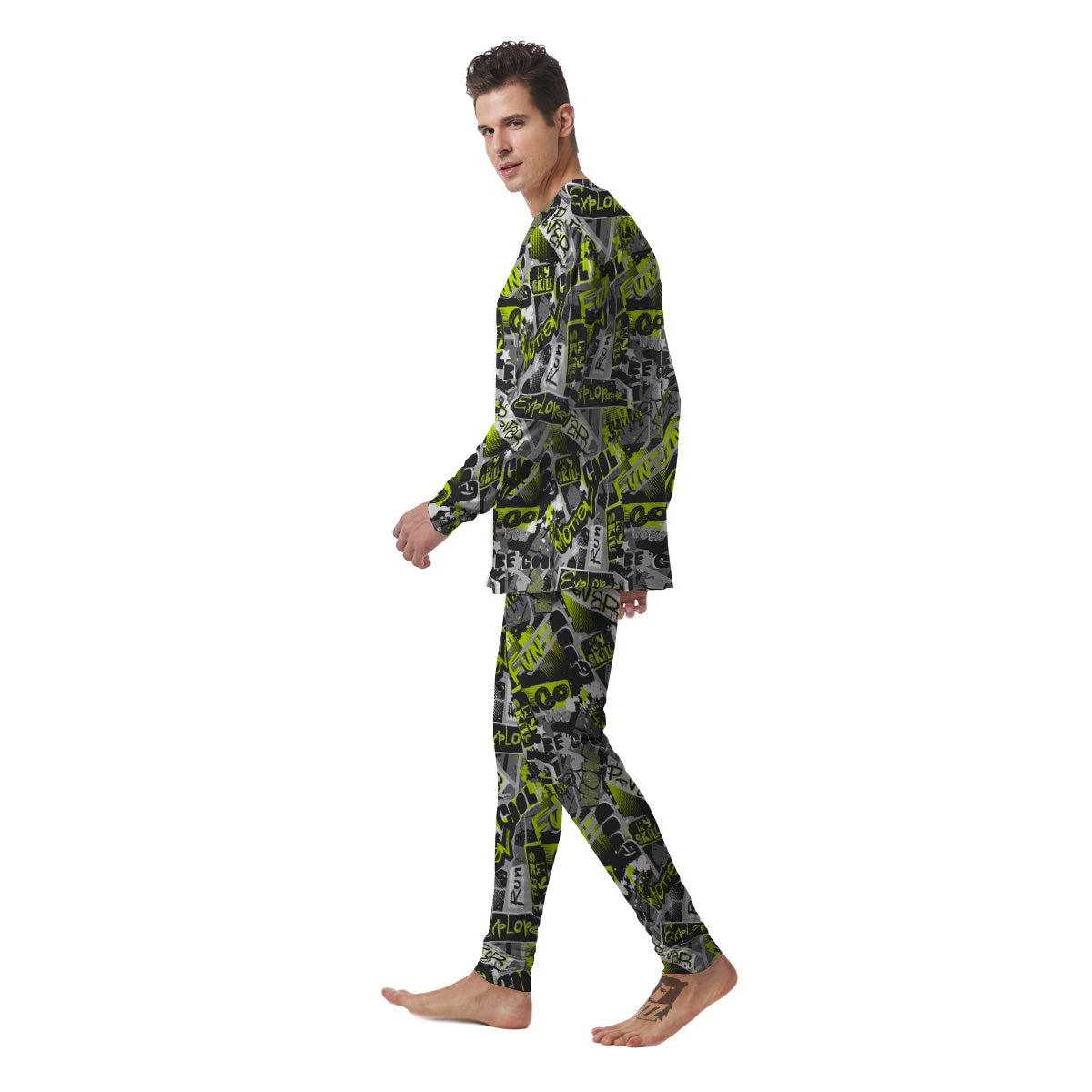 Abstract Grey And Neon Green Graffiti Print Pattern Men's Pajamas-grizzshop