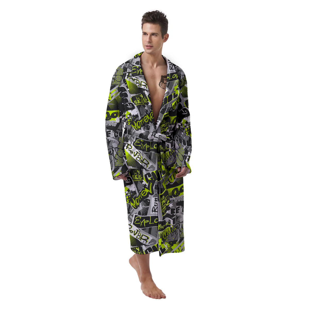 Abstract Grey And Neon Green Graffiti Print Pattern Men's Robe-grizzshop