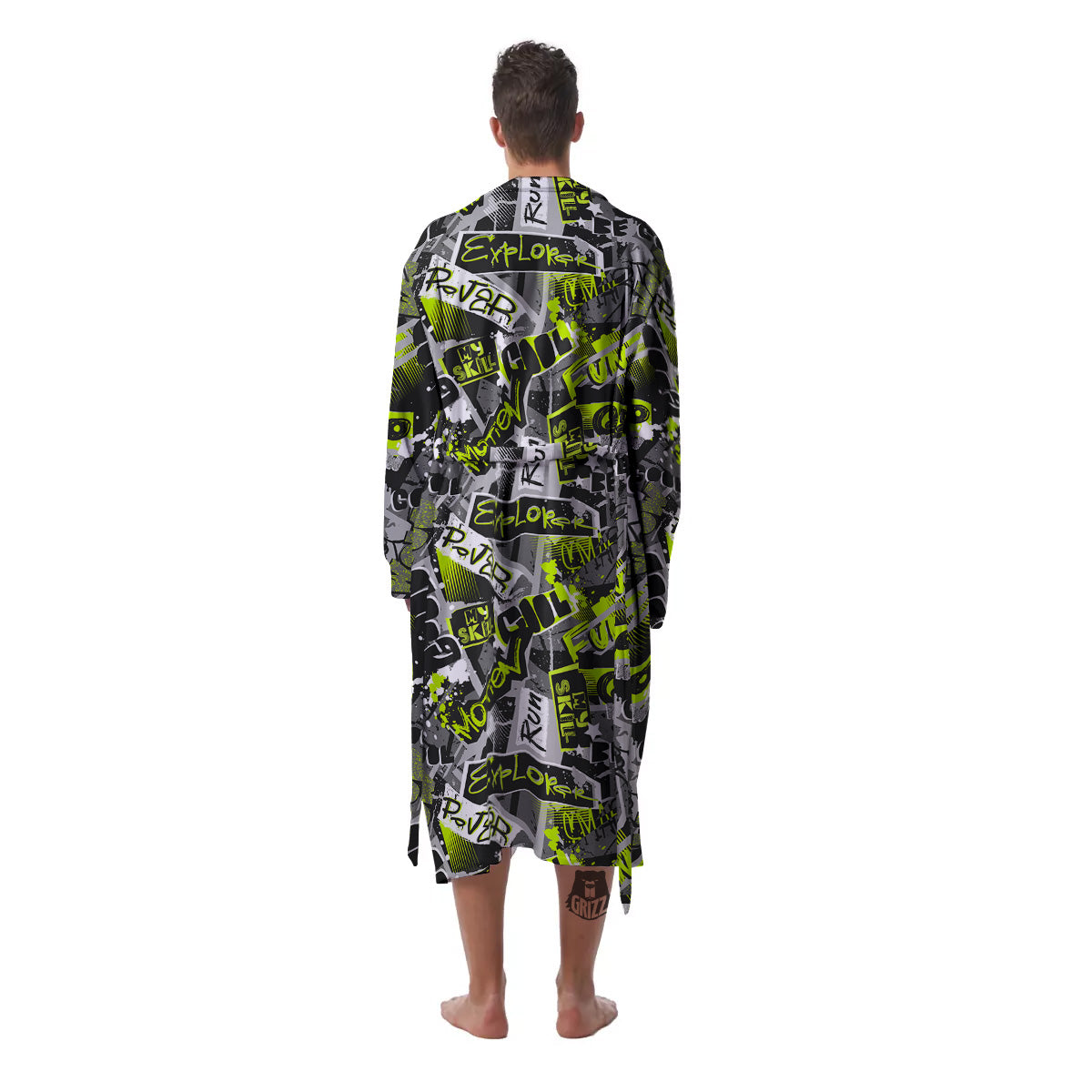 Abstract Grey And Neon Green Graffiti Print Pattern Men's Robe-grizzshop