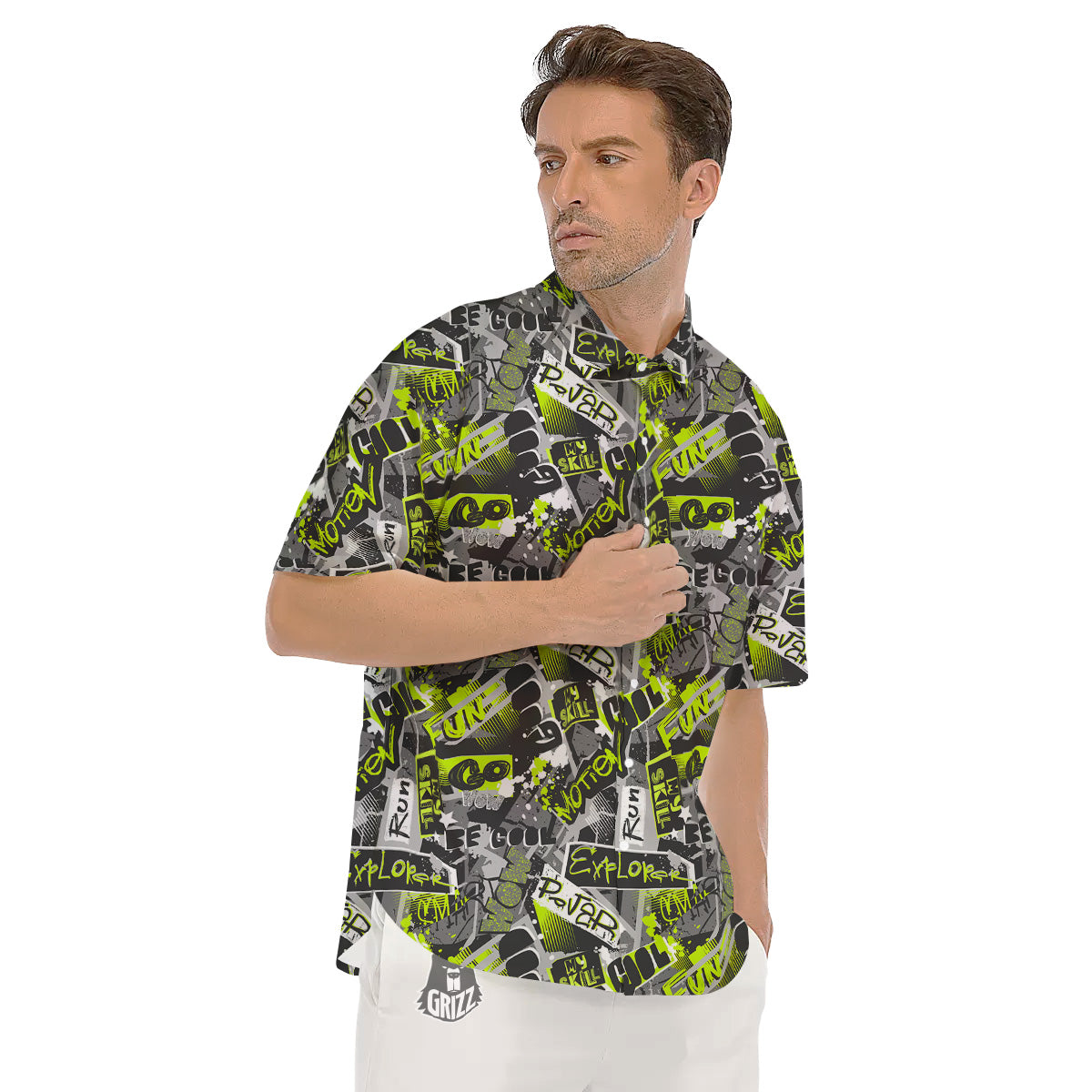 Abstract Grey And Neon Green Graffiti Print Pattern Men's Short Sleeve Shirts-grizzshop