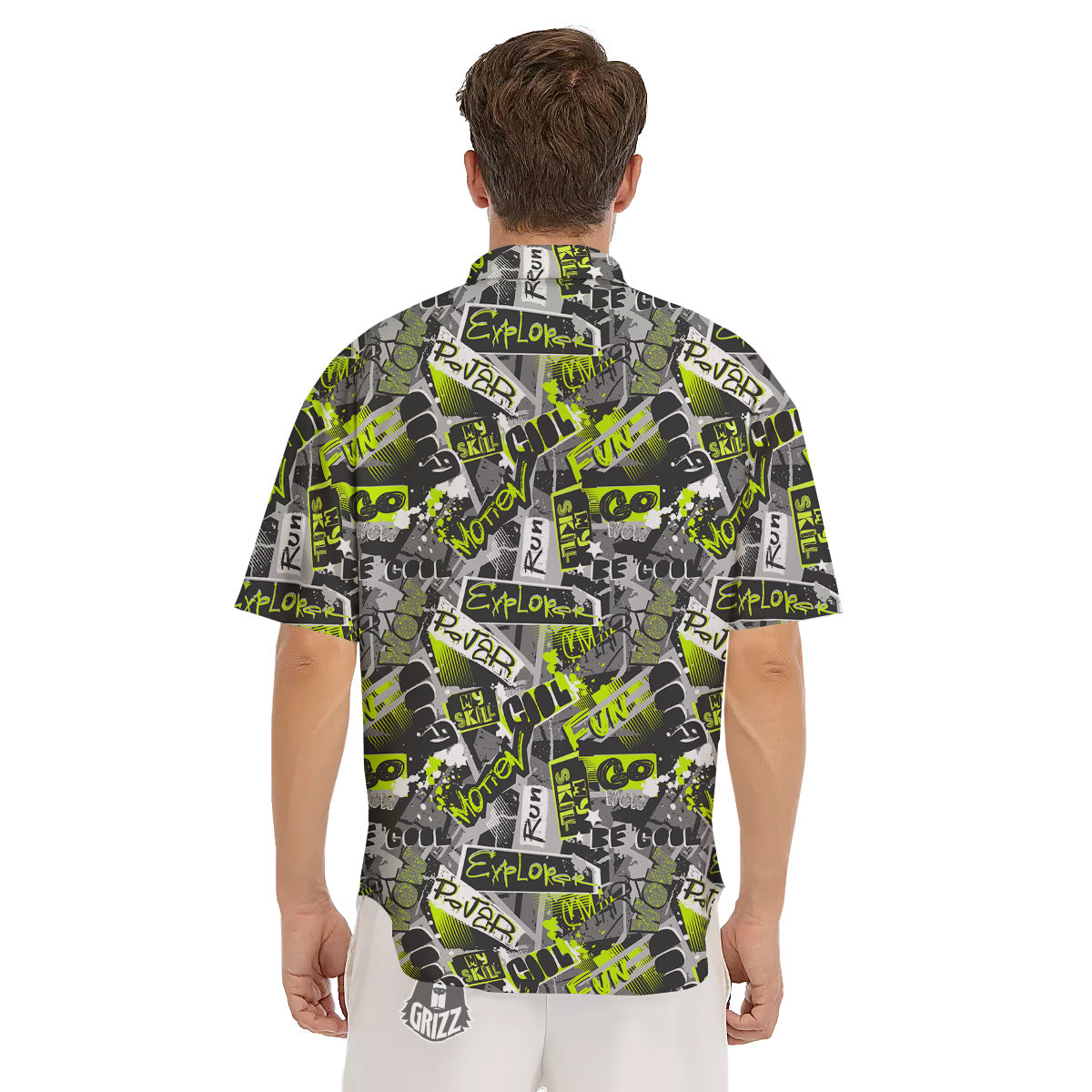 Abstract Grey And Neon Green Graffiti Print Pattern Men's Short Sleeve Shirts-grizzshop