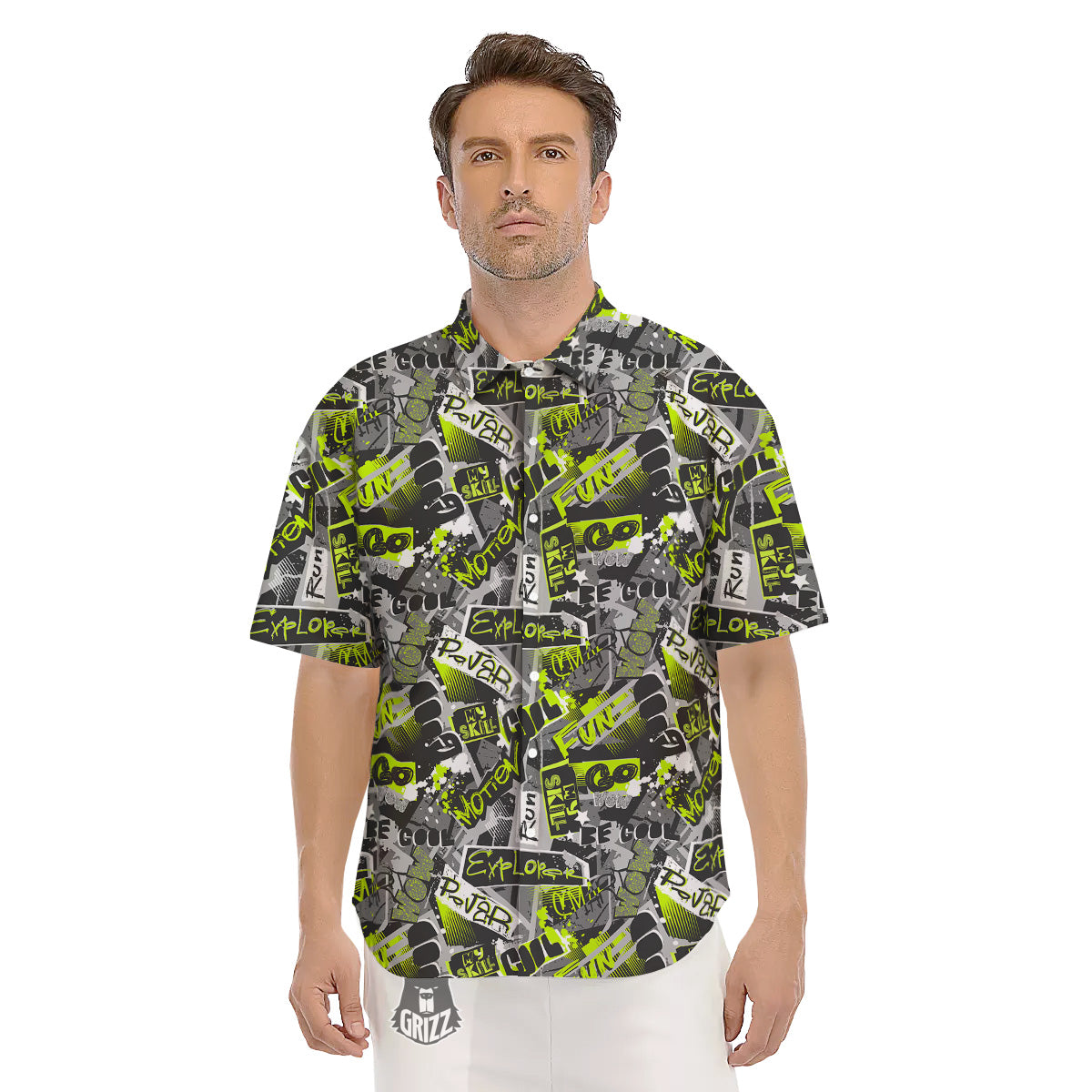 Abstract Grey And Neon Green Graffiti Print Pattern Men's Short Sleeve Shirts-grizzshop