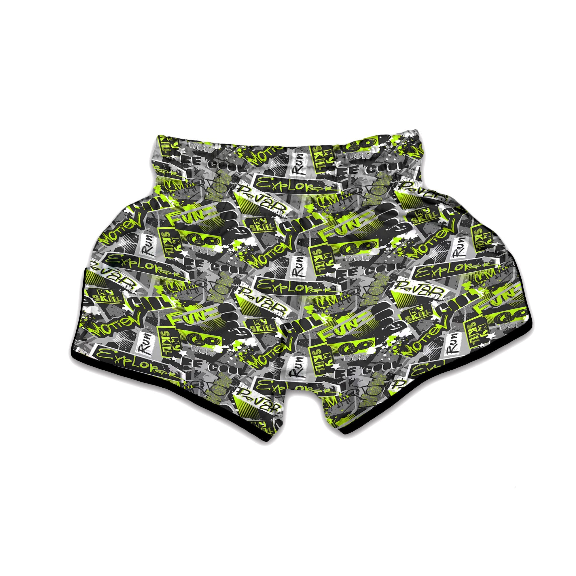 Abstract Grey And Neon Green Graffiti Print Pattern Muay Thai Boxing Shorts-grizzshop