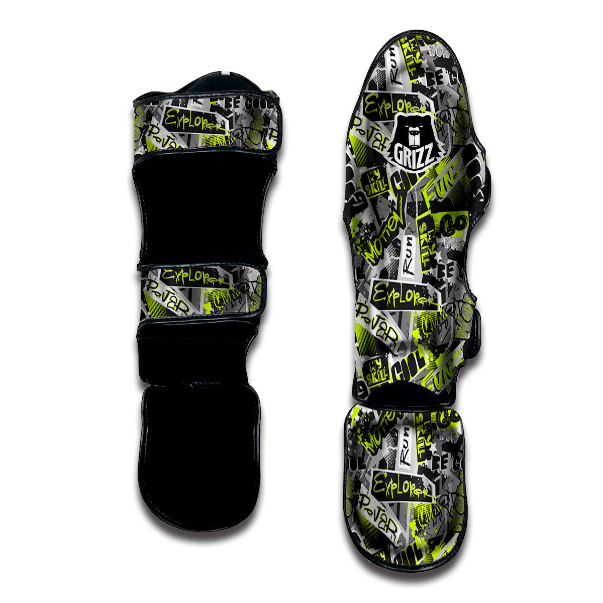 Abstract Grey And Neon Green Graffiti Print Pattern Muay Thai Shin Guards-grizzshop