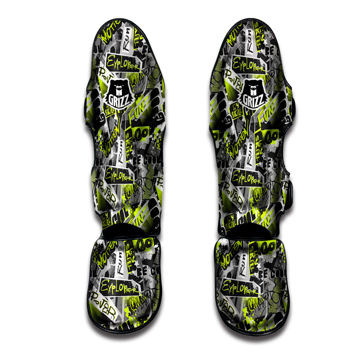 Abstract Grey And Neon Green Graffiti Print Pattern Muay Thai Shin Guards-grizzshop