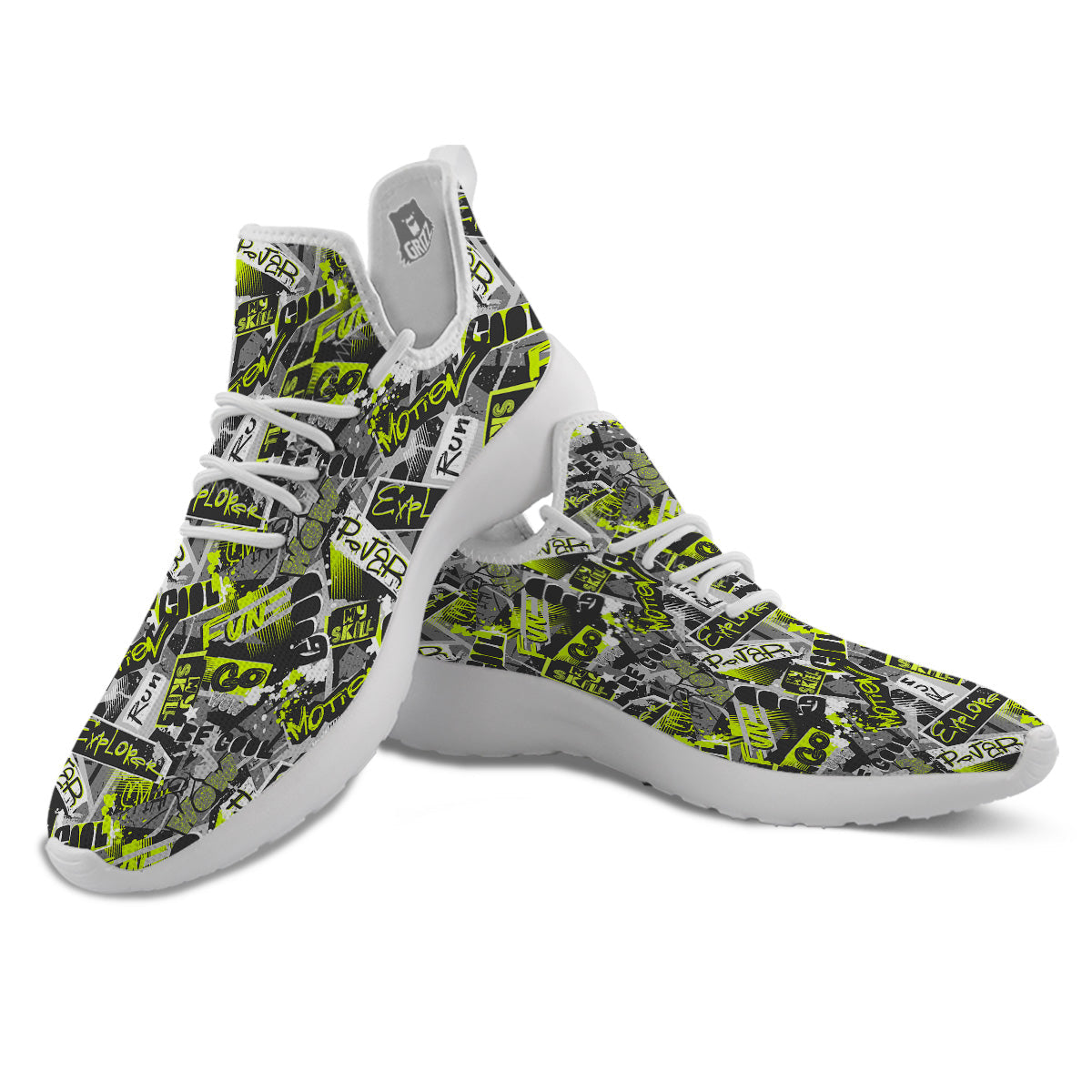 Abstract Grey And Neon Green Graffiti Print Pattern White Athletic Shoes-grizzshop