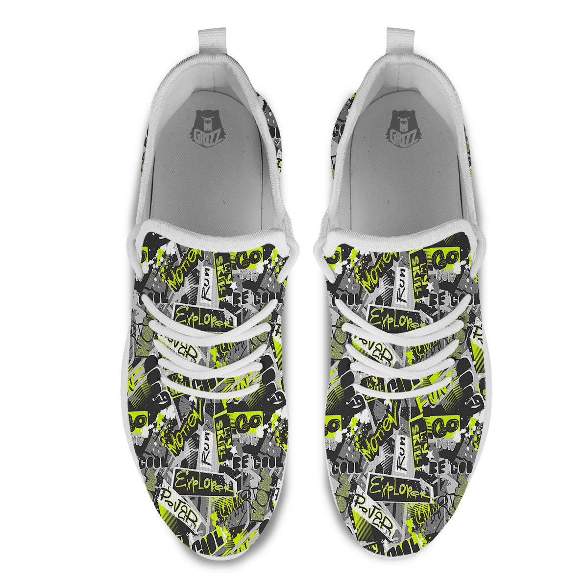 Abstract Grey And Neon Green Graffiti Print Pattern White Athletic Shoes-grizzshop