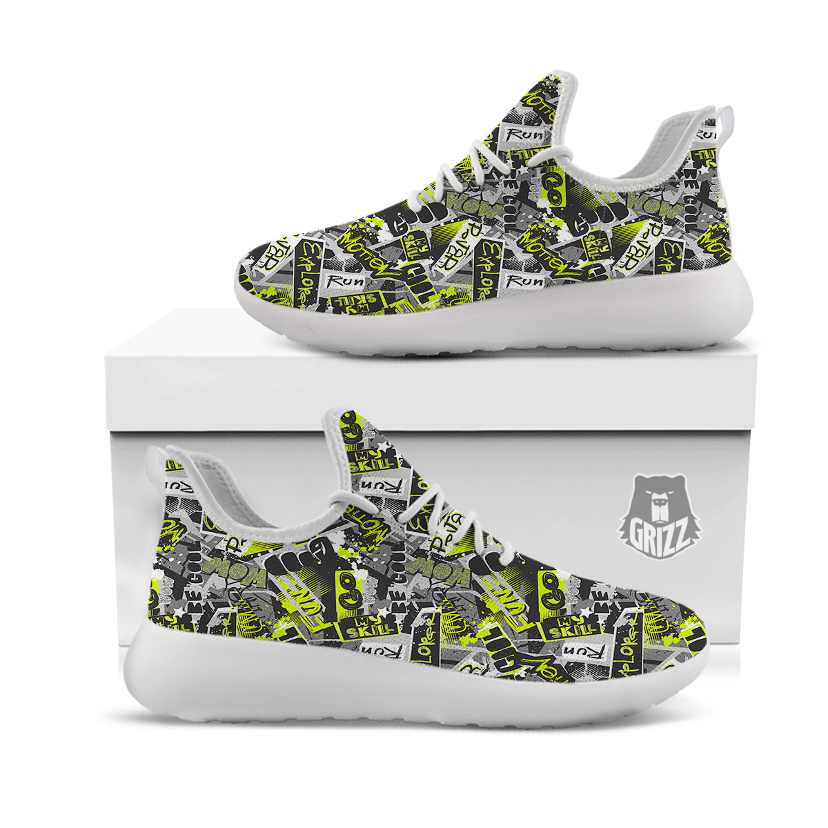 Abstract Grey And Neon Green Graffiti Print Pattern White Athletic Shoes-grizzshop