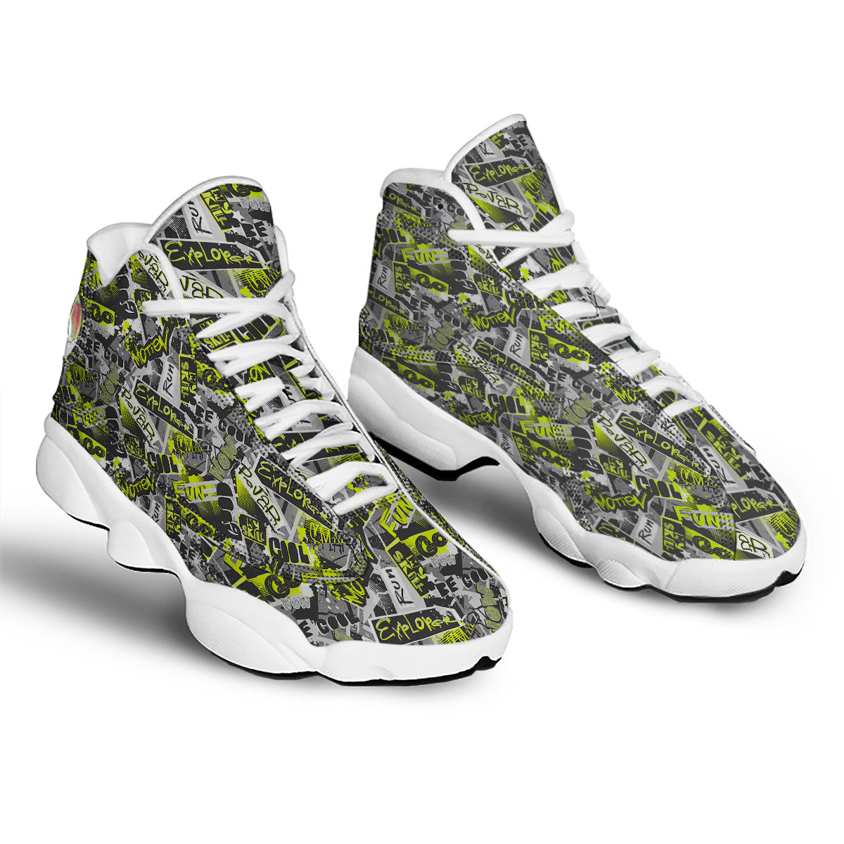 Abstract Grey And Neon Green Graffiti Print Pattern White Basketball Shoes-grizzshop