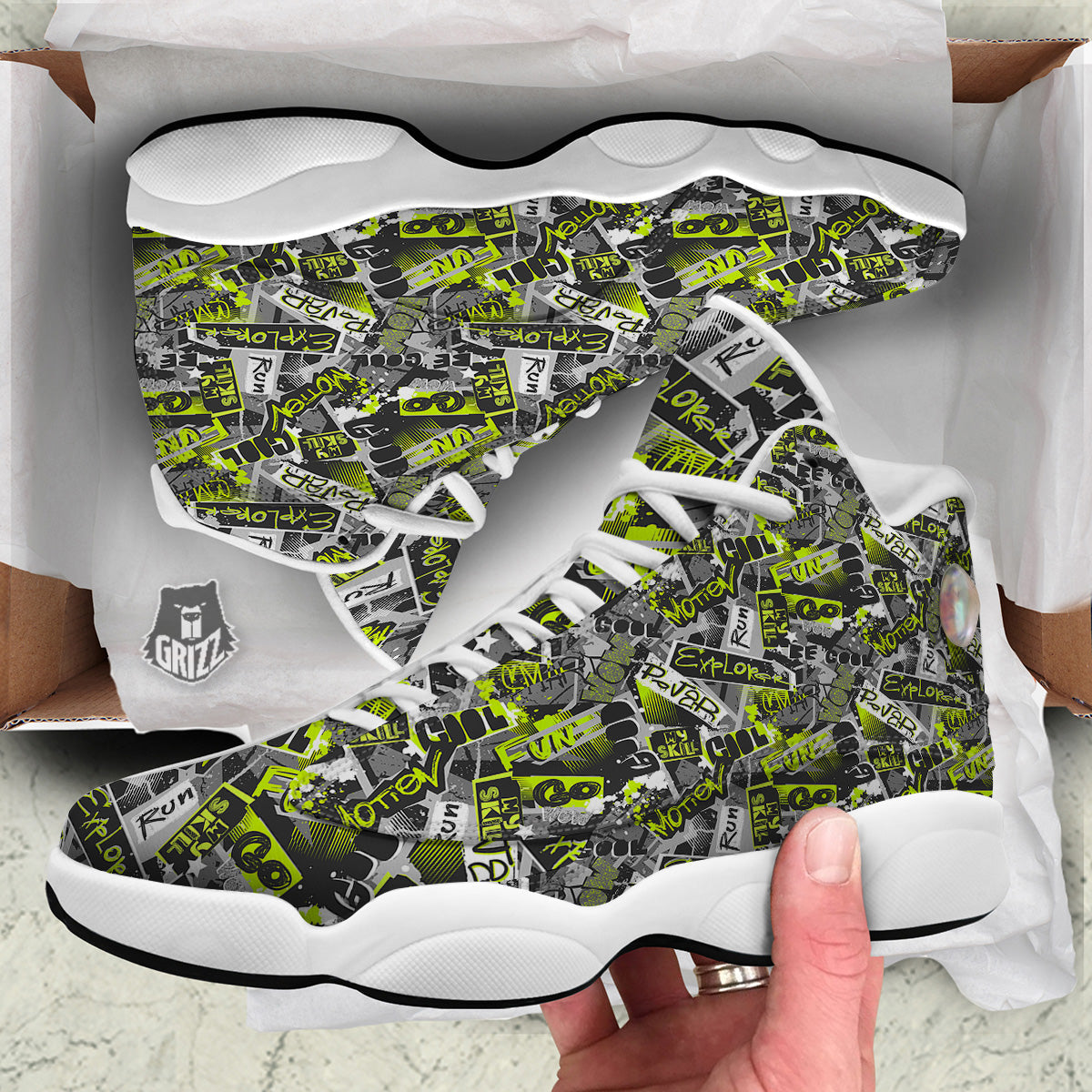 Abstract Grey And Neon Green Graffiti Print Pattern White Basketball Shoes-grizzshop