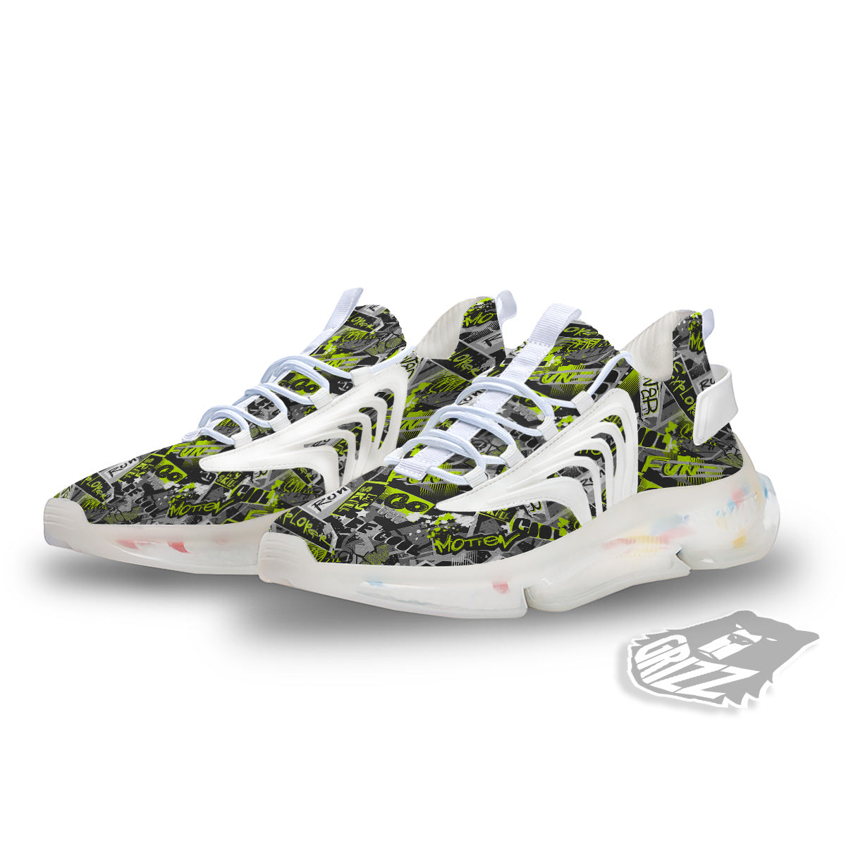 Abstract Grey And Neon Green Graffiti Print Pattern White Gym Shoes-grizzshop