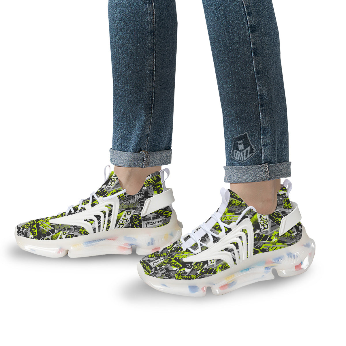 Abstract Grey And Neon Green Graffiti Print Pattern White Gym Shoes-grizzshop