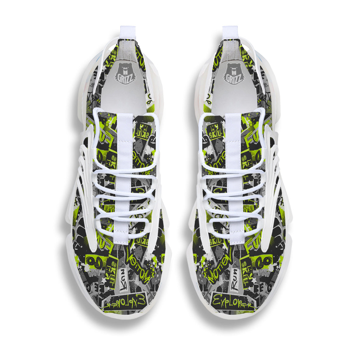 Abstract Grey And Neon Green Graffiti Print Pattern White Gym Shoes-grizzshop