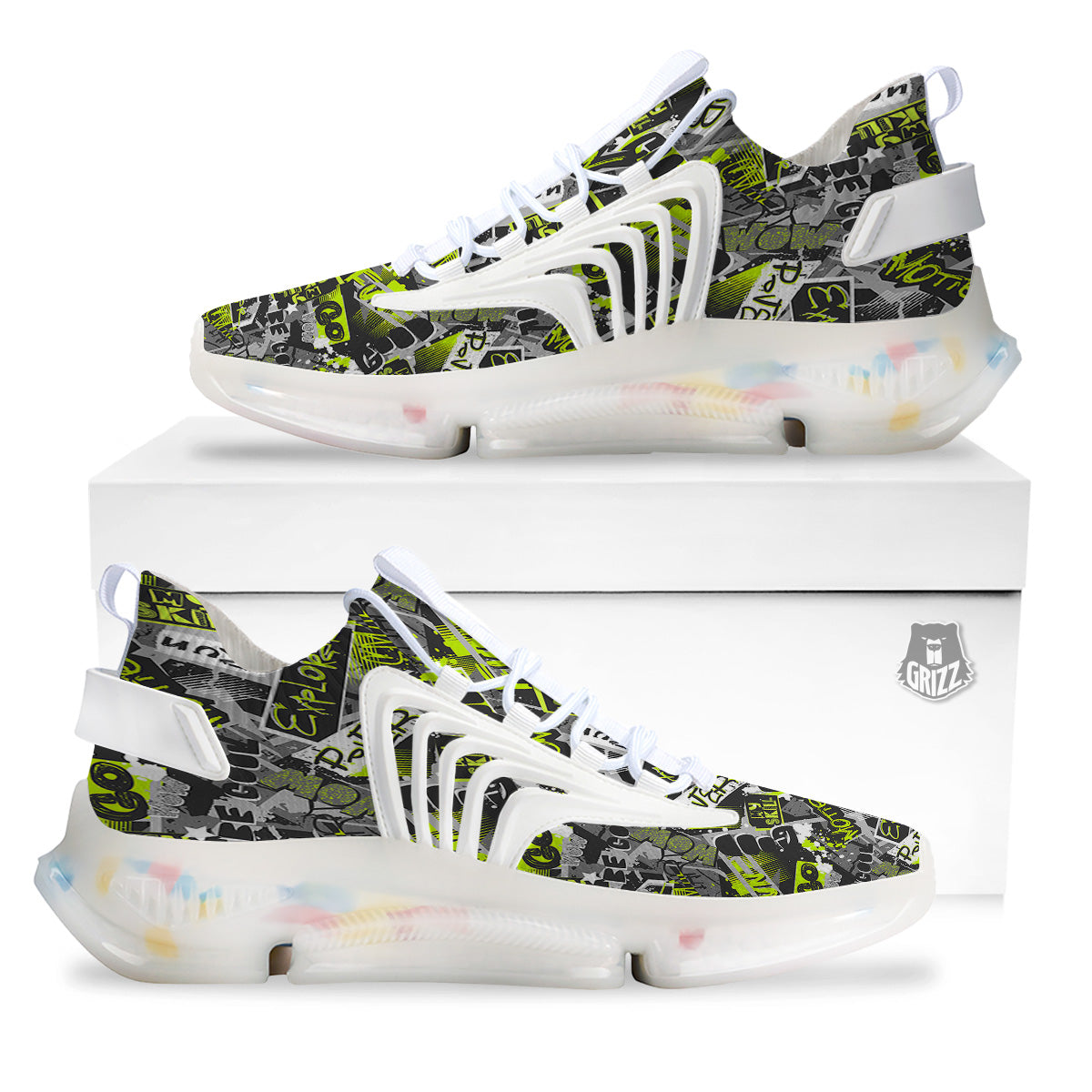 Abstract Grey And Neon Green Graffiti Print Pattern White Gym Shoes-grizzshop