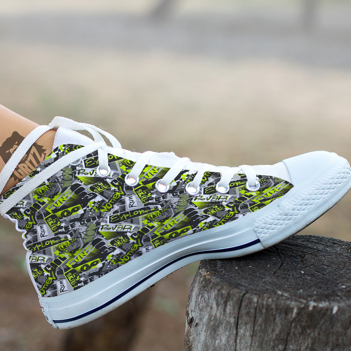 Abstract Grey And Neon Green Graffiti Print Pattern White High Top Shoes-grizzshop