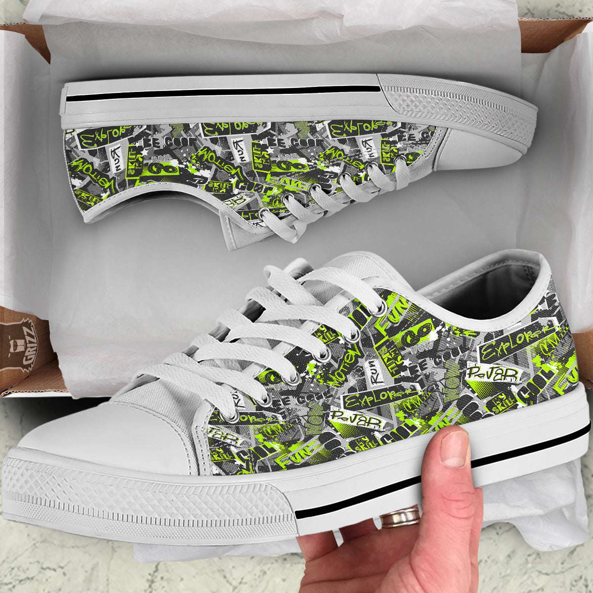 Abstract Grey And Neon Green Graffiti Print Pattern White Low Top Shoes-grizzshop