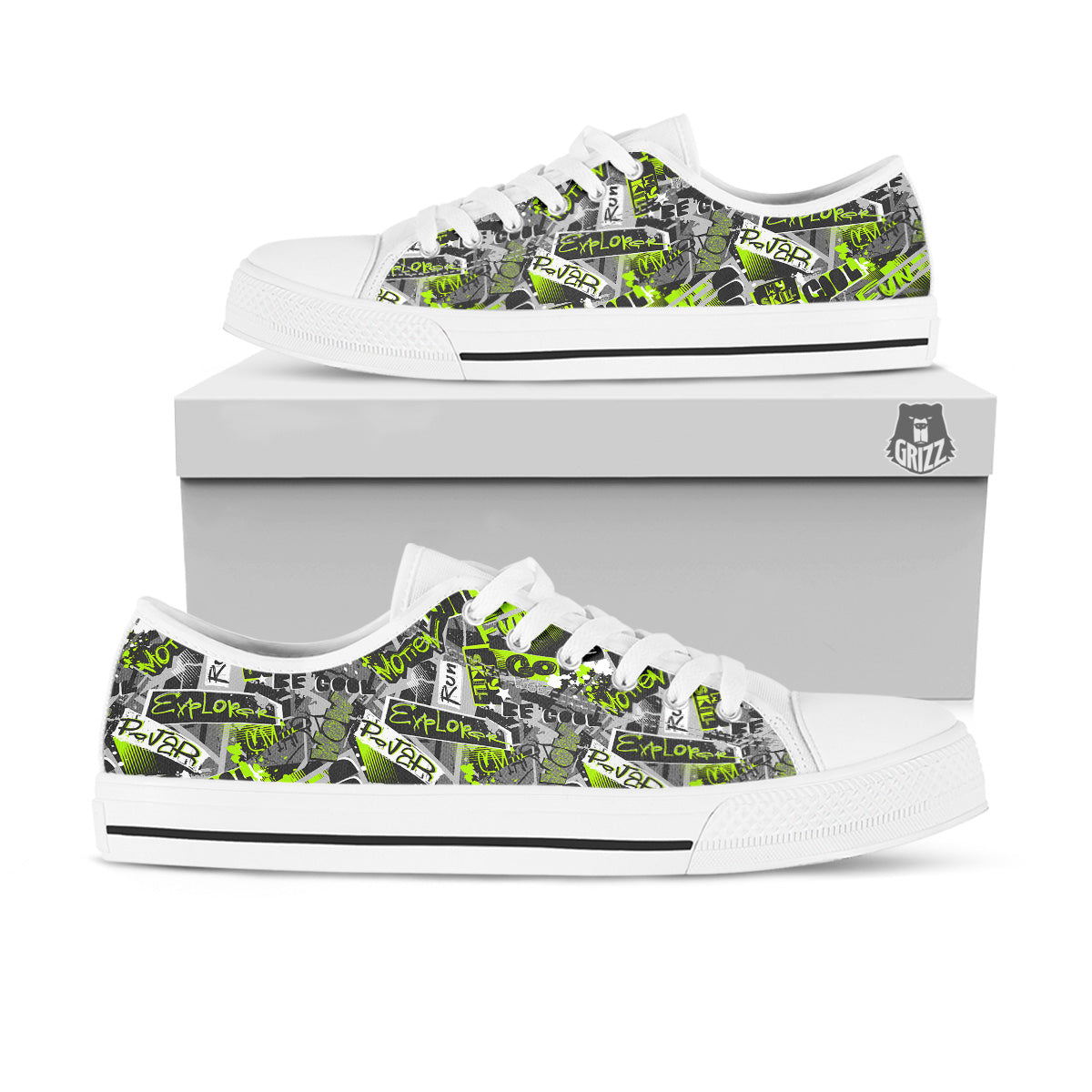 Abstract Grey And Neon Green Graffiti Print Pattern White Low Top Shoes-grizzshop