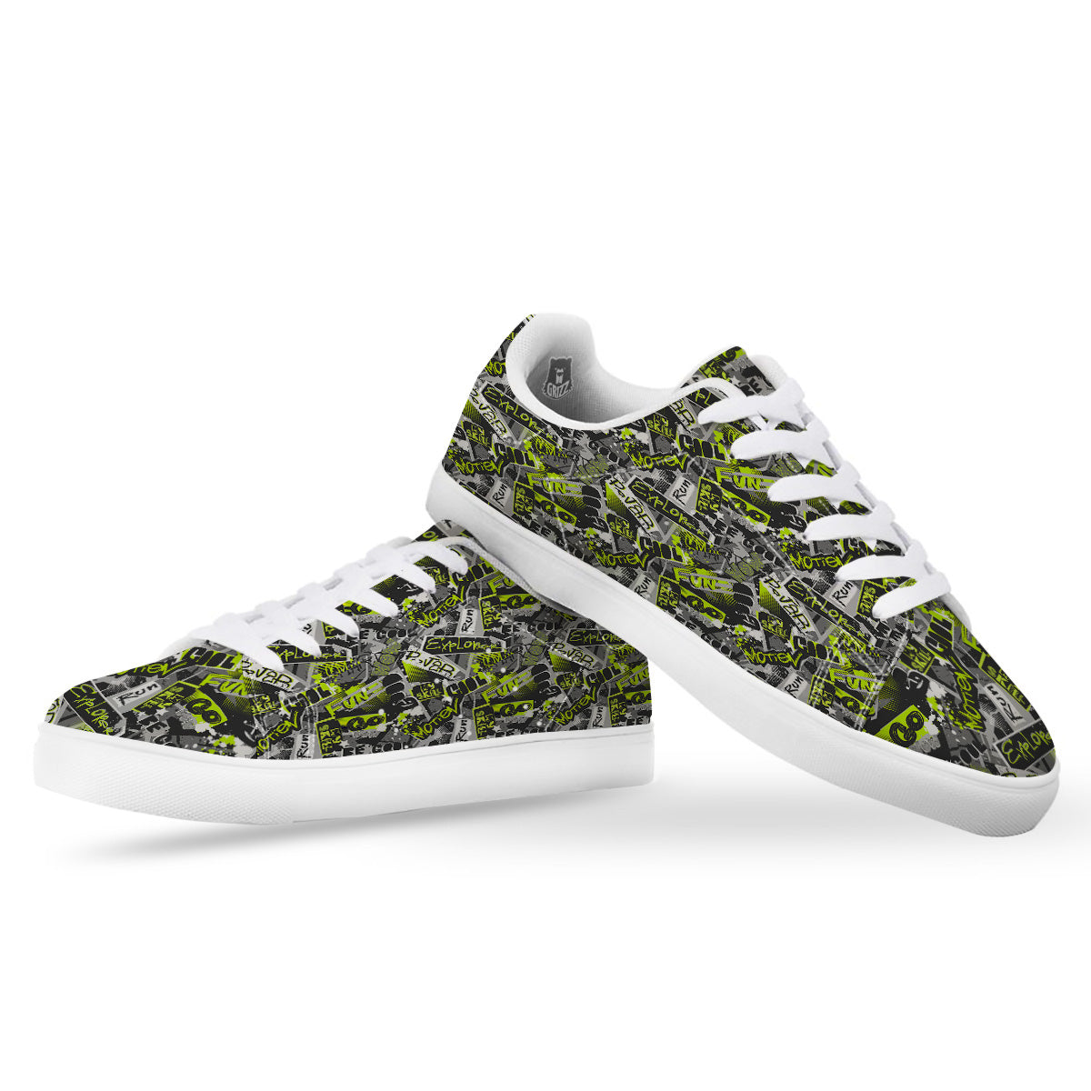 Abstract Grey And Neon Green Graffiti Print Pattern White Low Top Sneakers-grizzshop