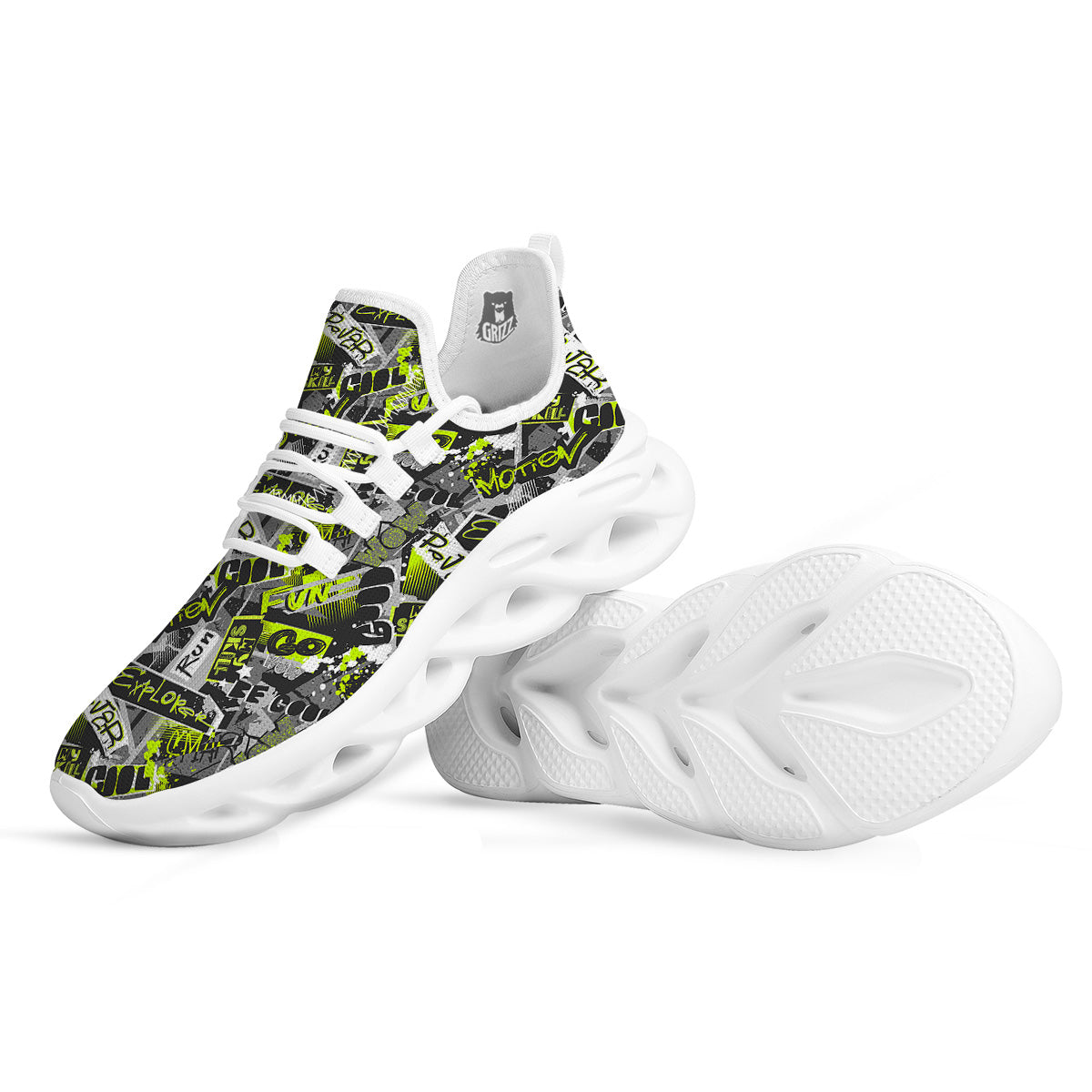 Abstract Grey And Neon Green Graffiti Print Pattern White Running Shoes-grizzshop