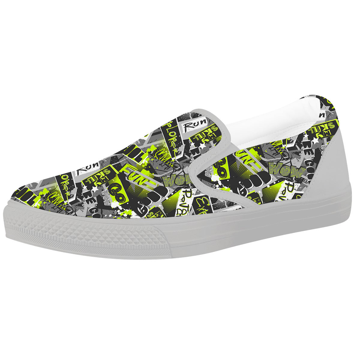 Abstract Grey And Neon Green Graffiti Print Pattern White Slip On Shoes-grizzshop