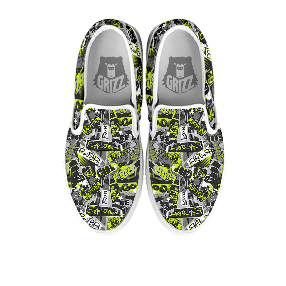 Abstract Grey And Neon Green Graffiti Print Pattern White Slip On Shoes-grizzshop