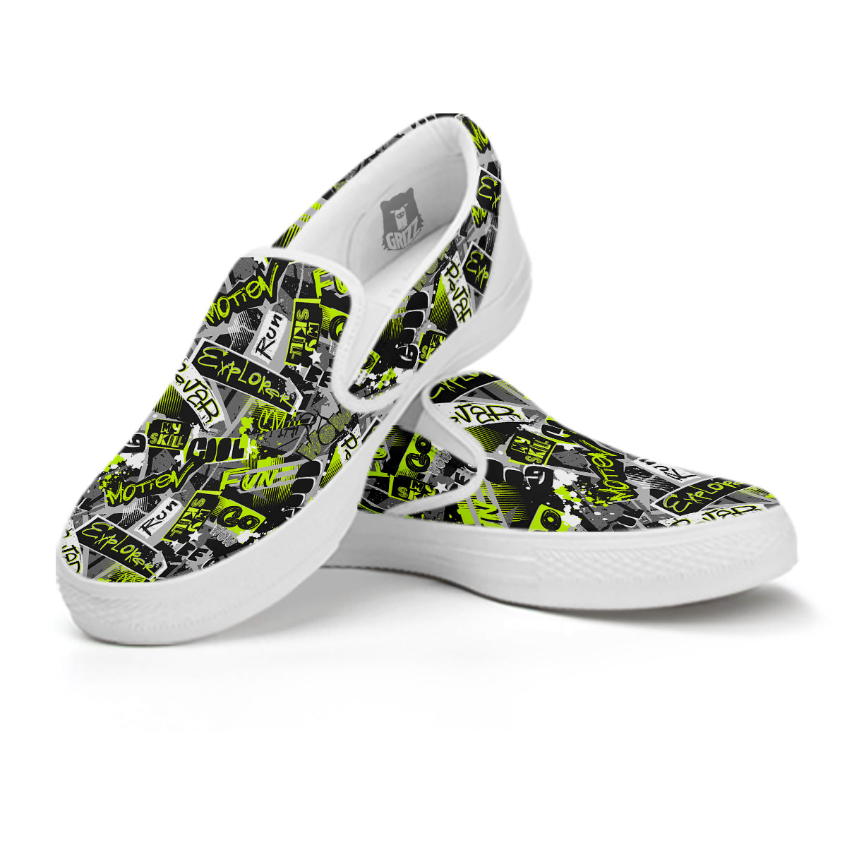 Abstract Grey And Neon Green Graffiti Print Pattern White Slip On Shoes-grizzshop