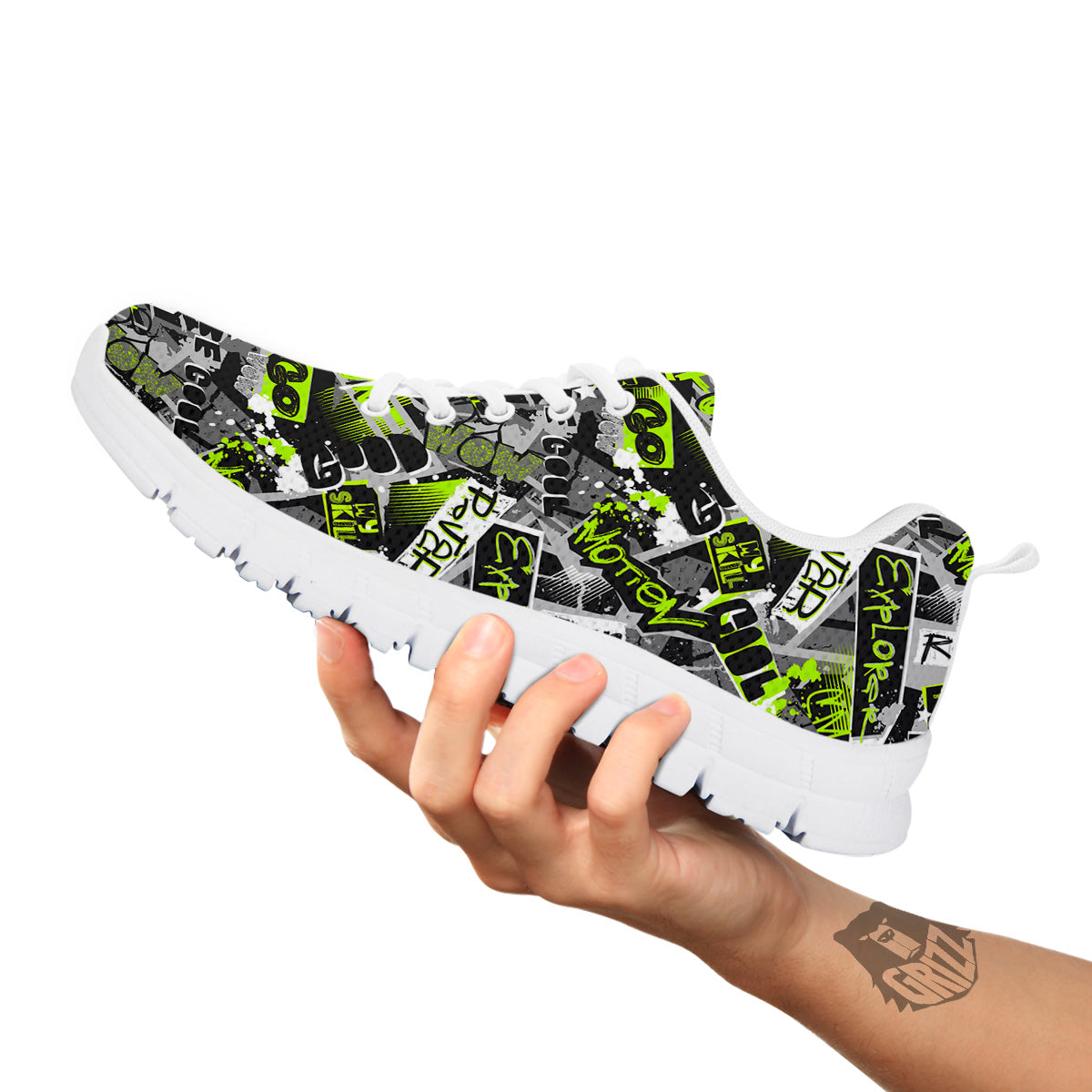 Abstract Grey And Neon Green Graffiti Print Pattern White Sneaker-grizzshop