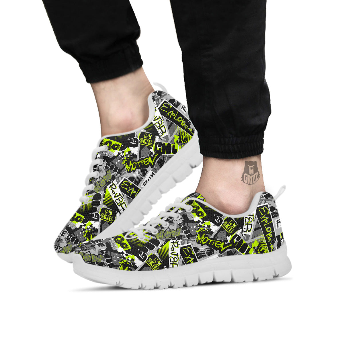 Abstract Grey And Neon Green Graffiti Print Pattern White Sneaker-grizzshop