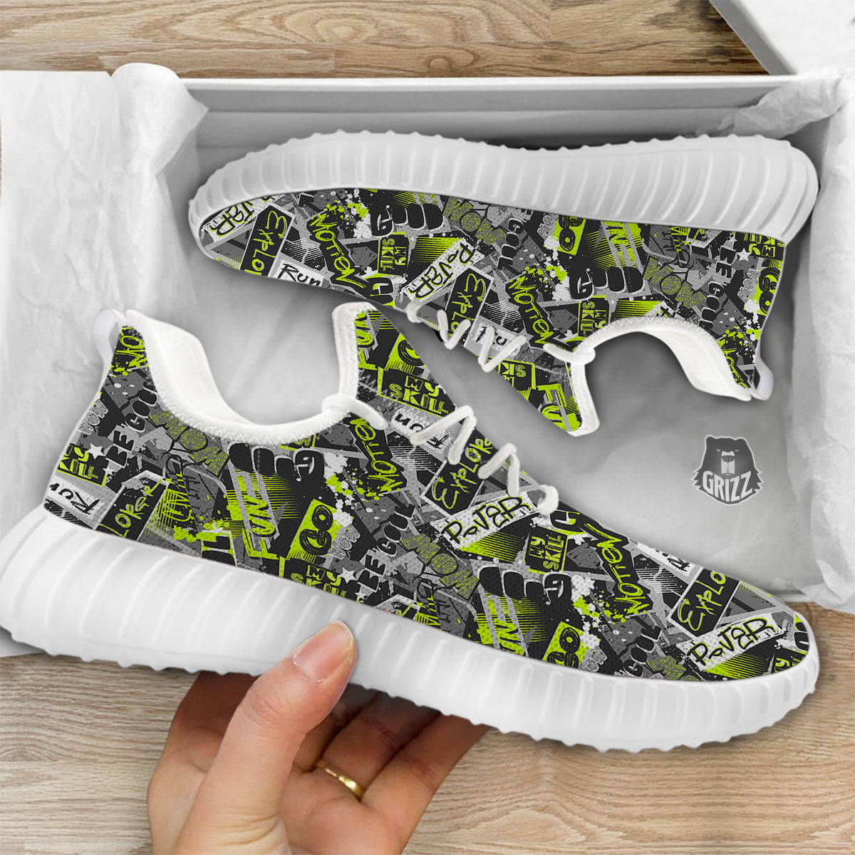 Abstract Grey And Neon Green Graffiti Print Pattern White Walking Shoes-grizzshop