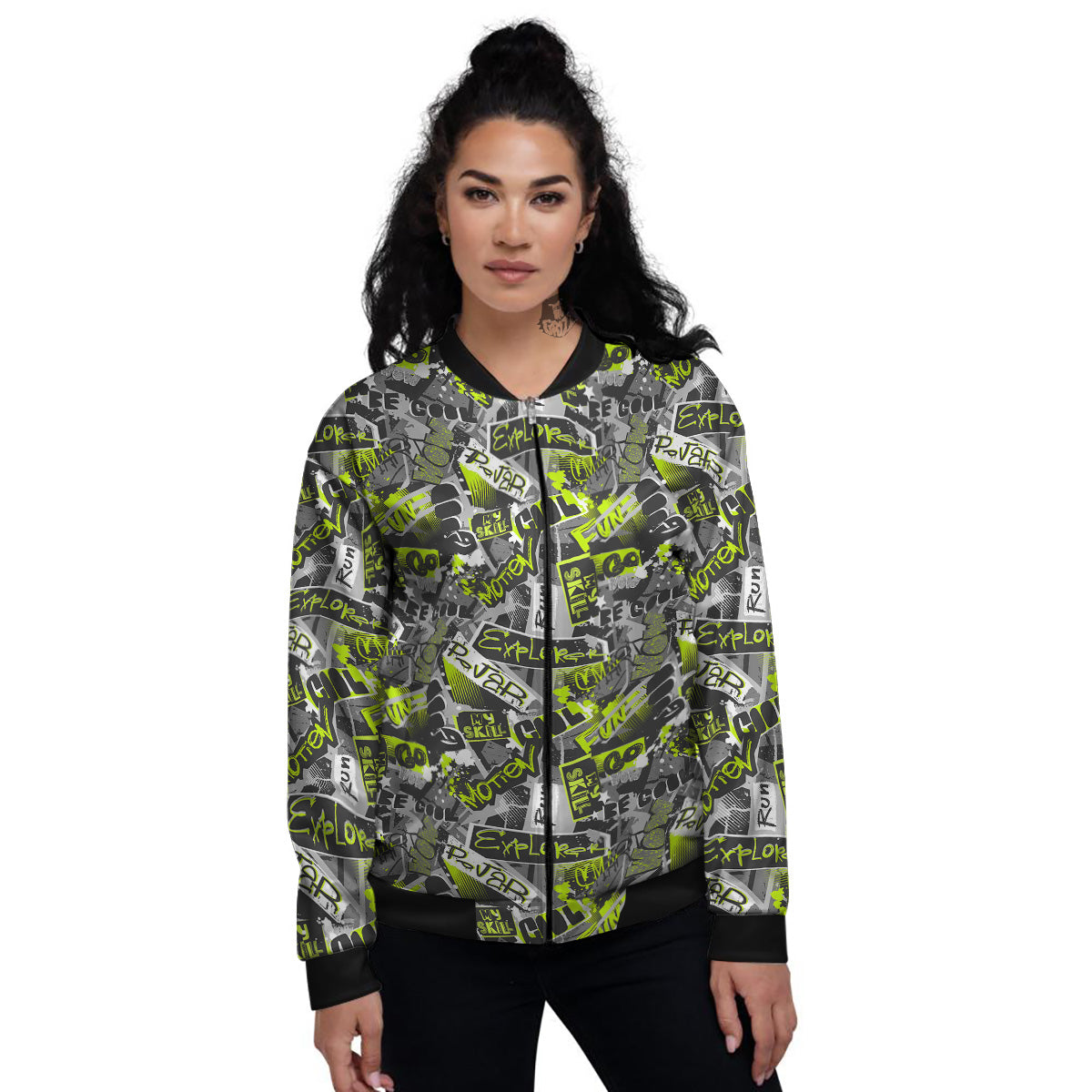 Abstract Grey And Neon Green Graffiti Print Pattern Women's Bomber Jacket-grizzshop